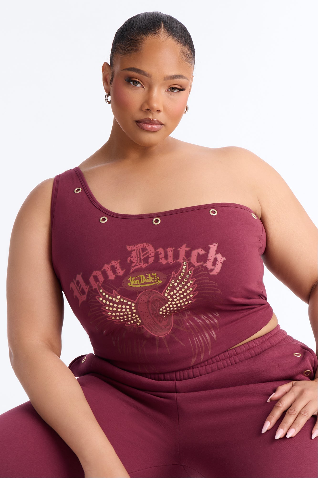 Von Dutch Studded One Shoulder Tank Top - Burgundy