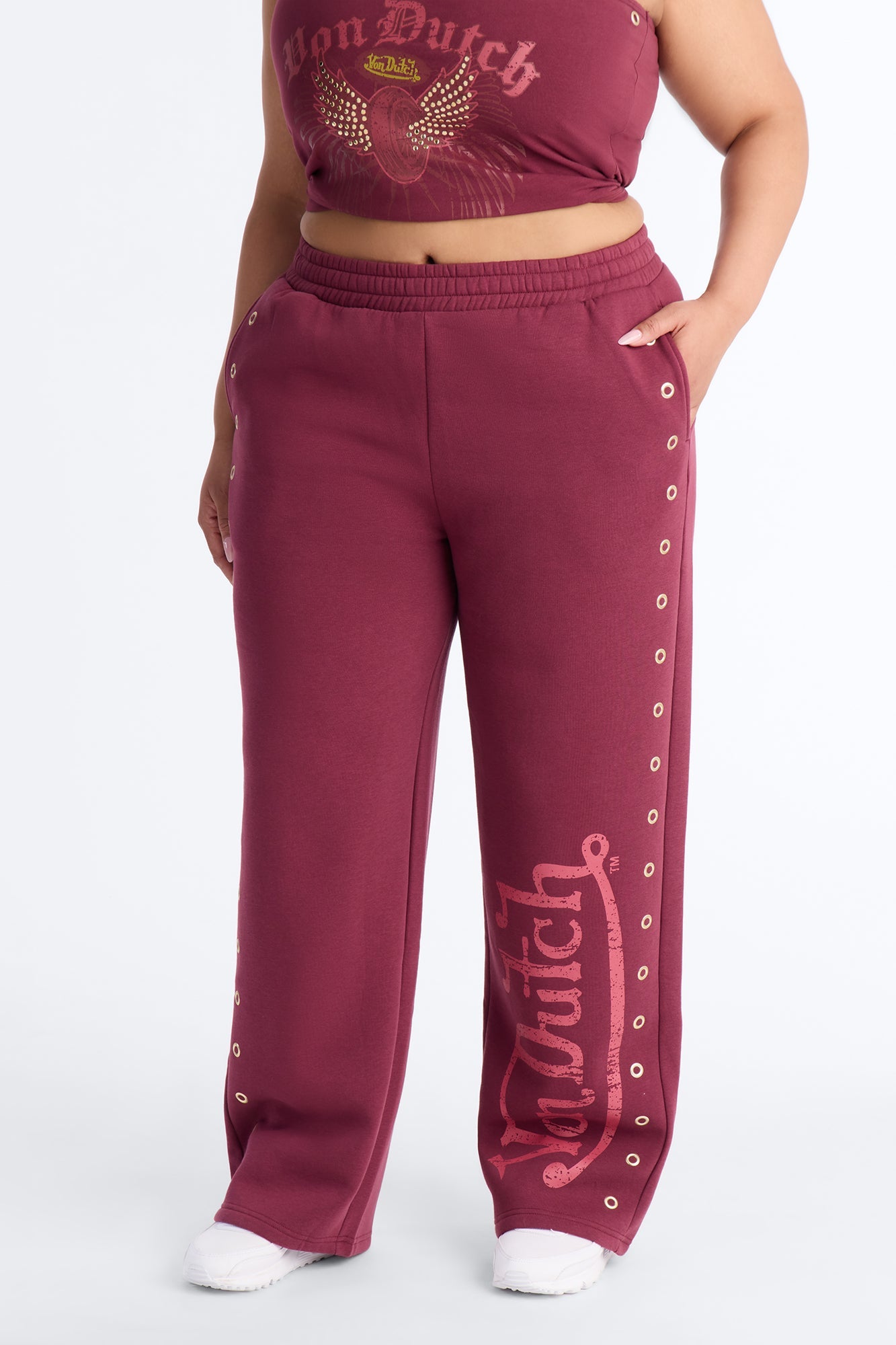 Von Dutch Rocker Wide Leg Pant With Grommets - Burgundy