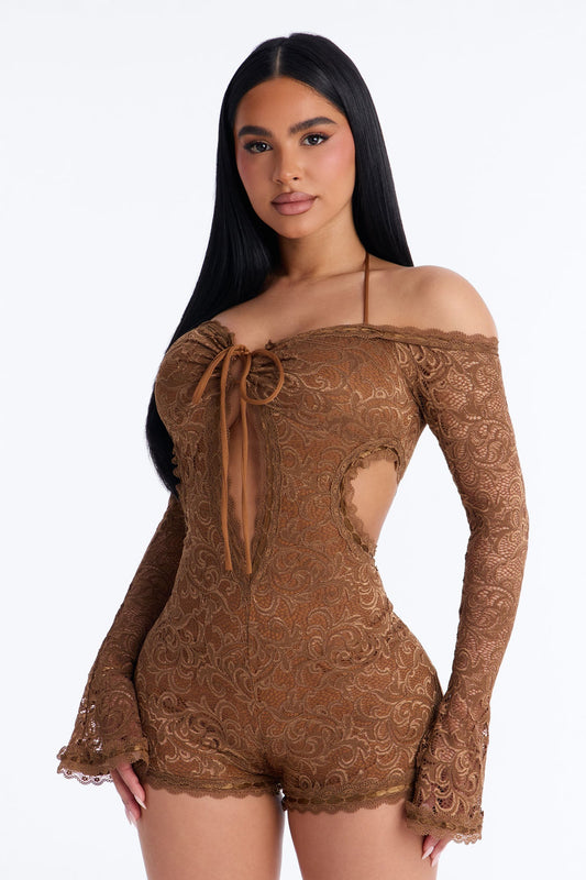 Tiana Lace Cut Out Micro Romper - Mocha