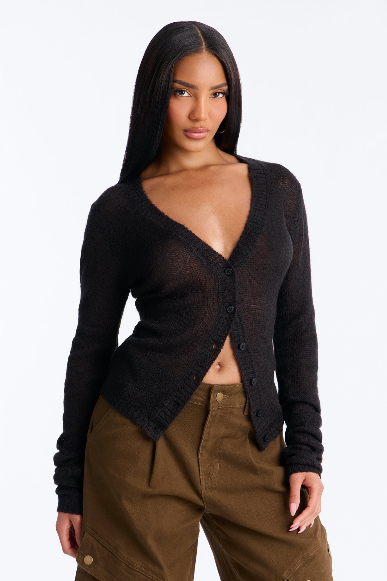 Sheer Me Out Long Sleeve Button Up Cardigan Sweater - Black Fashion Nova