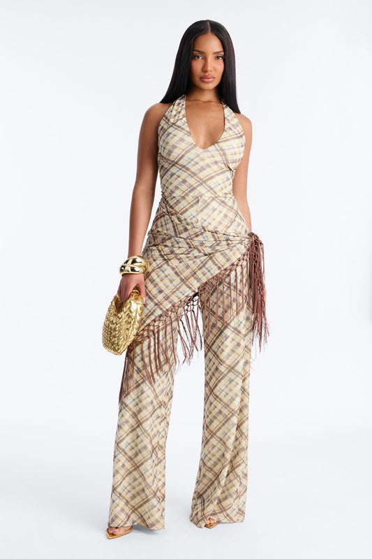 Ava Mesh Plaid Waist Scarf Jumpsuit - Brown Fashion Nova