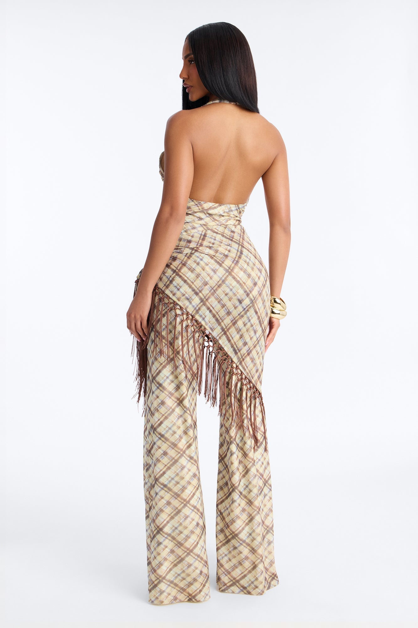 Ava Mesh Plaid Waist Scarf Jumpsuit - Brown Fashion Nova