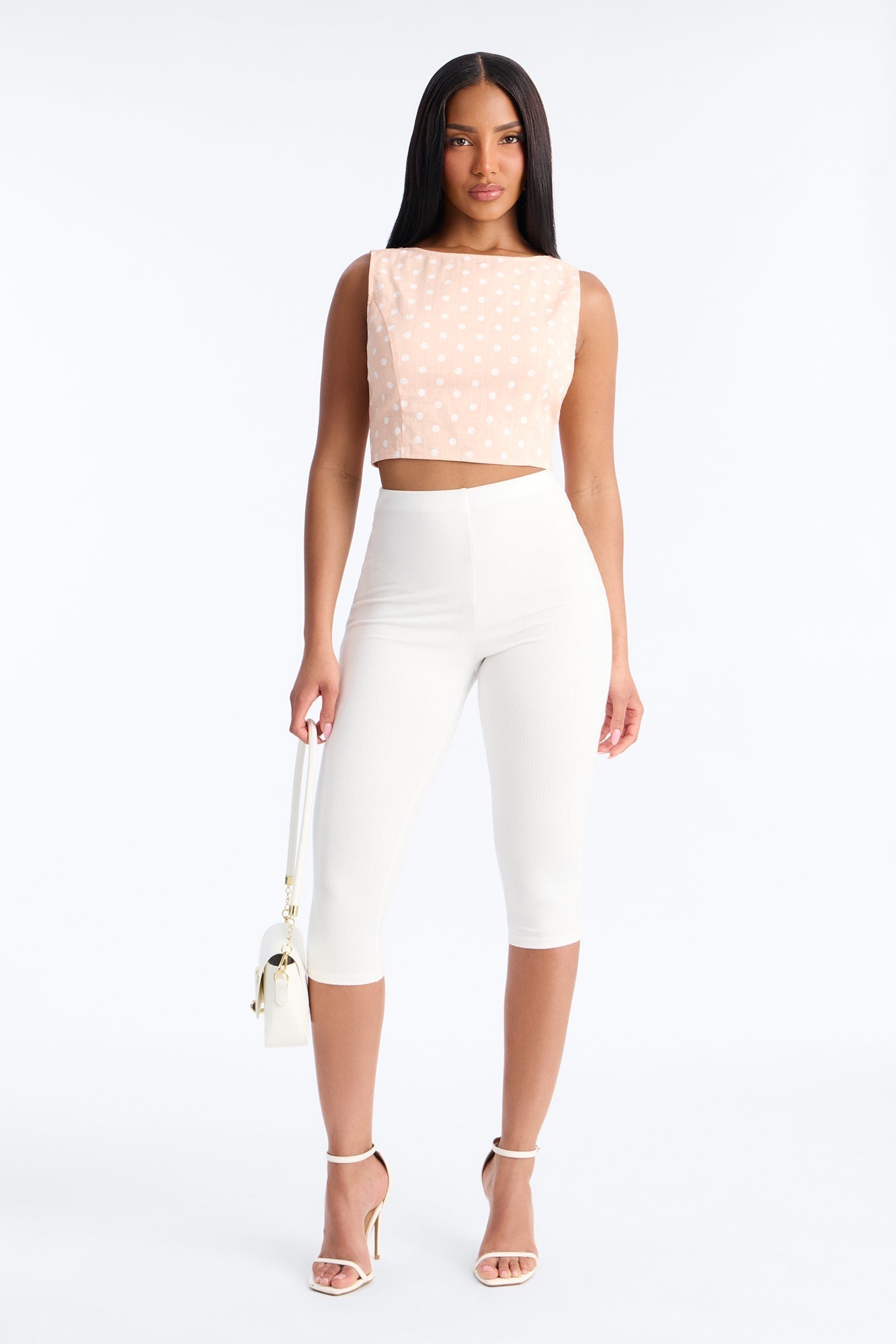 On The Cute Side Polka Dot Cropped Linen Top - Peach/combo Fashion Nova