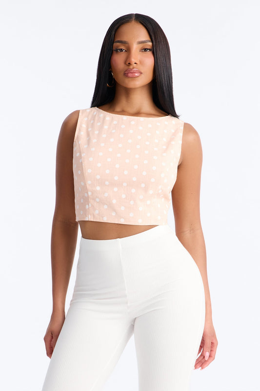On The Cute Side Polka Dot Cropped Linen Top - Peach/combo Fashion Nova