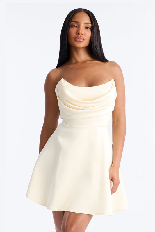 Playful Satin Strapless Mini Dress - Off White Fashion Nova