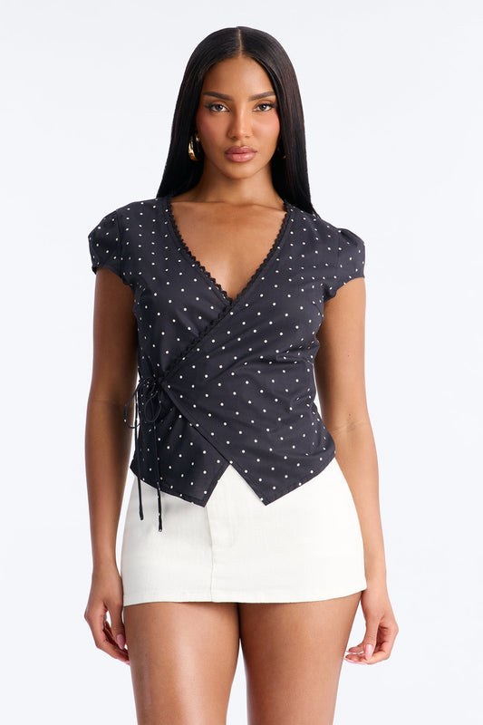 Adeline Surplice Neck Polka Dot Top - Black/combo Fashion Nova