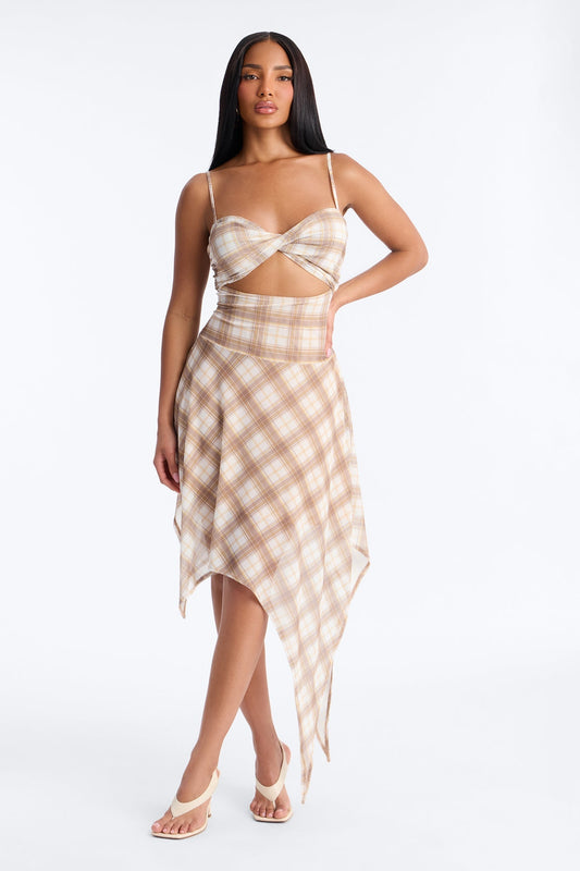Preppy Plaid Mesh Cutie Midi Dress - Taupe/combo Fashion Nova