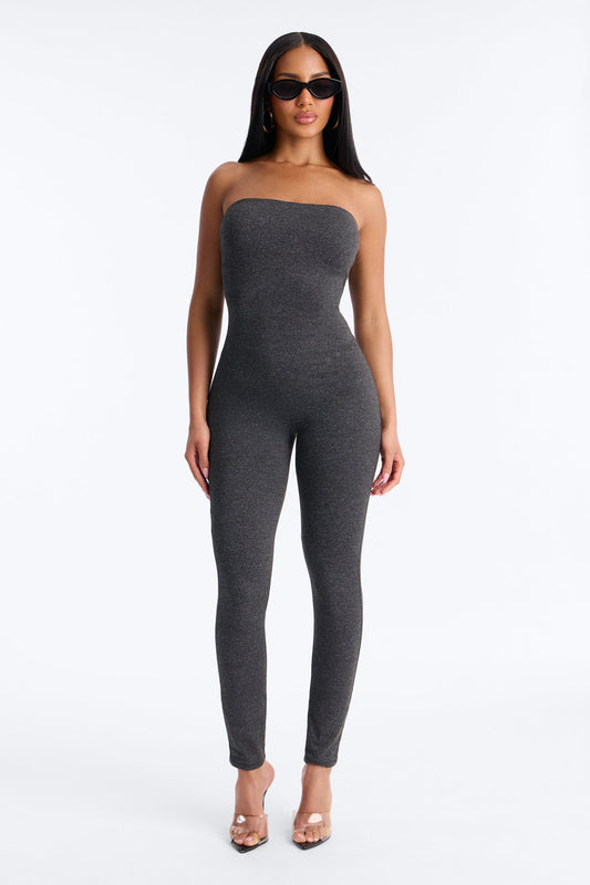 Body Language Skinny Strapless Catsuit - Charcoal Fashion Nova