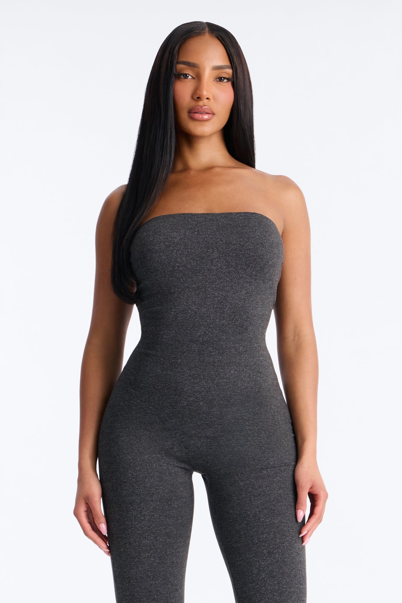 Body Language Skinny Strapless Catsuit - Charcoal Fashion Nova