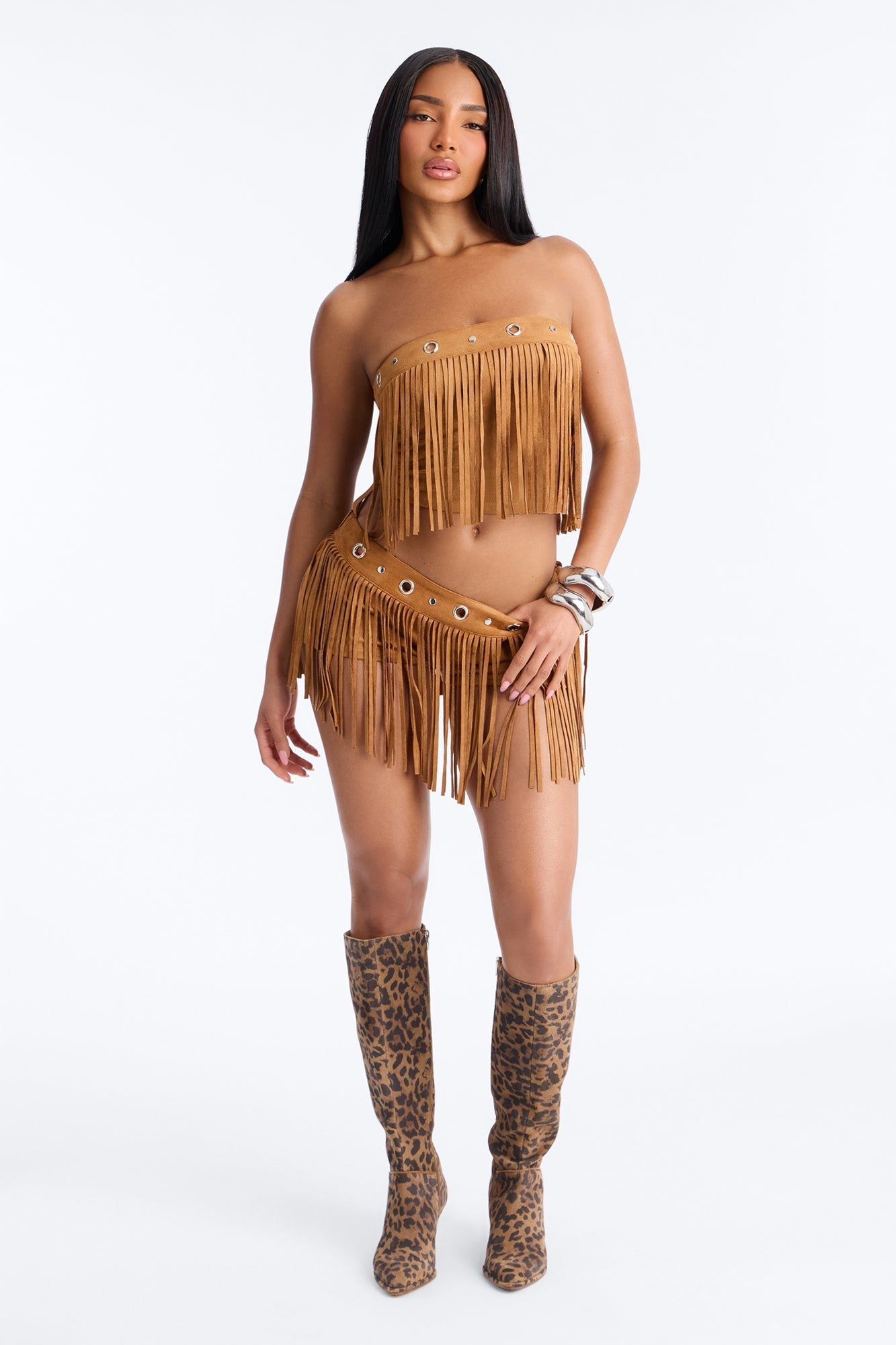 See My Swag Faux Suede Fringe Short Set - Cognac Fashion Nova