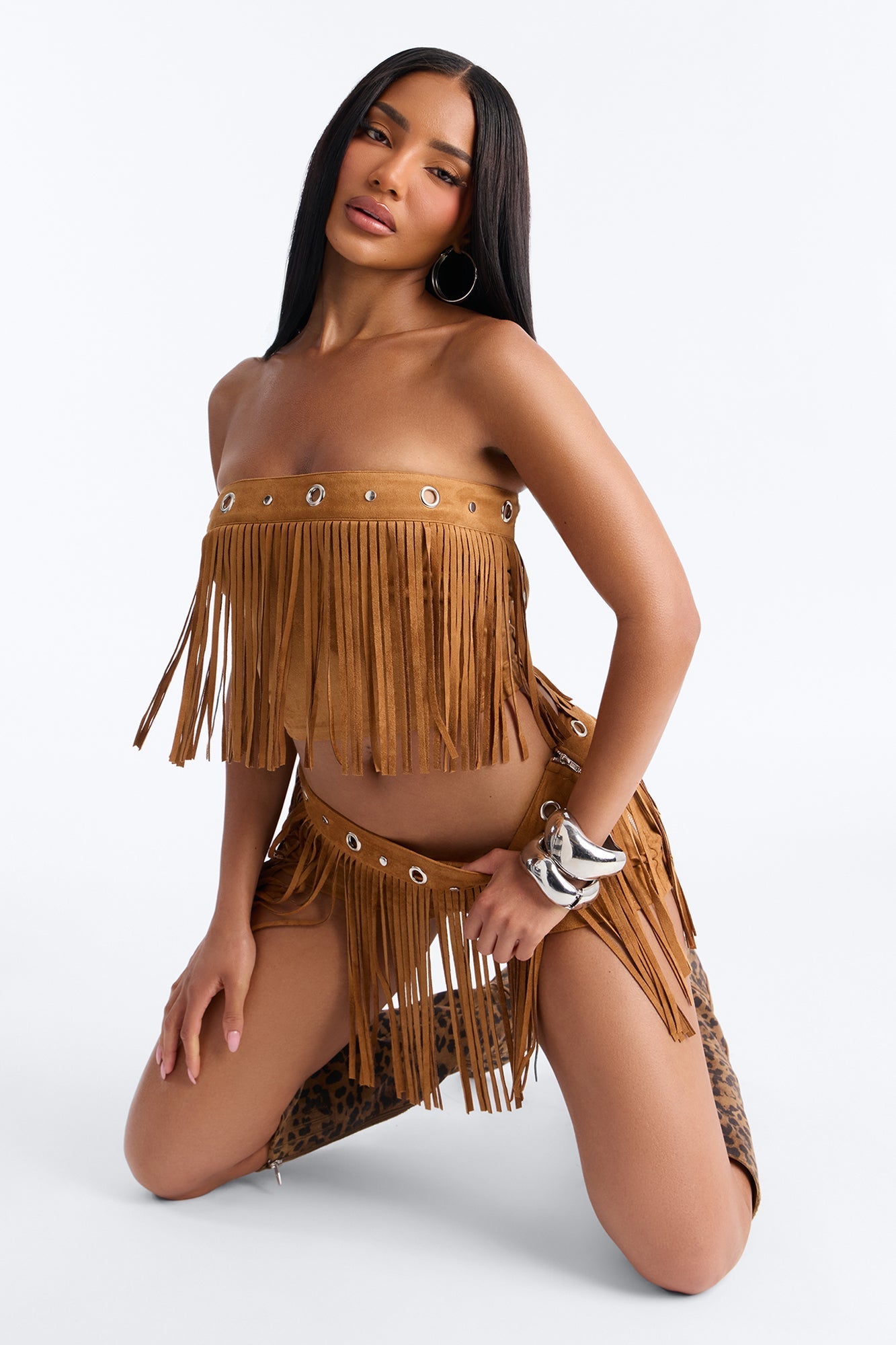 See My Swag Faux Suede Fringe Short Set - Cognac Fashion Nova
