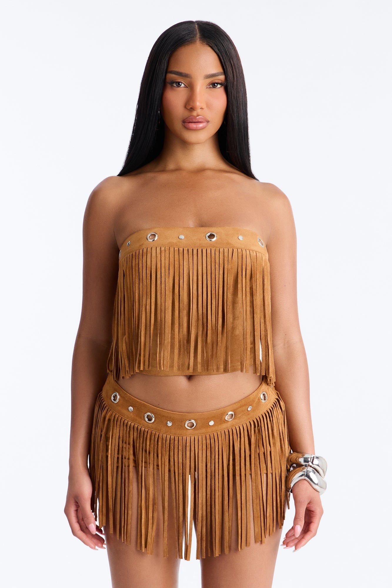 See My Swag Faux Suede Fringe Short Set - Cognac Fashion Nova