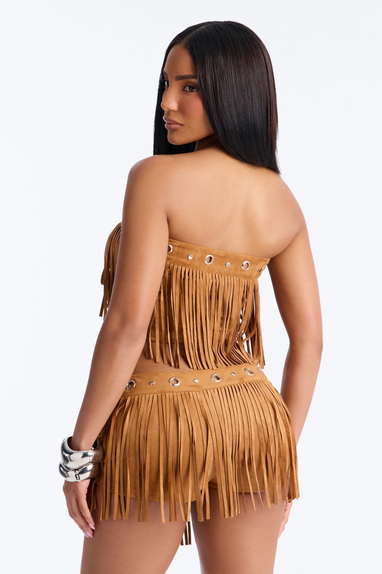 See My Swag Faux Suede Fringe Short Set - Cognac Fashion Nova