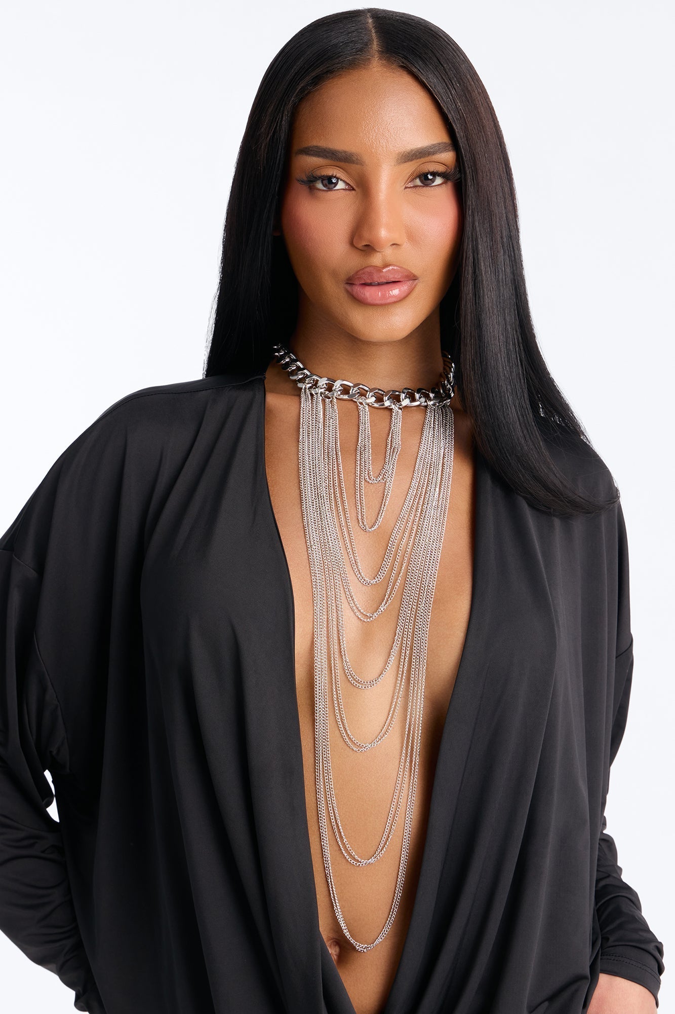 Noir Chain Layered Necklace - Silver Fashion Nova