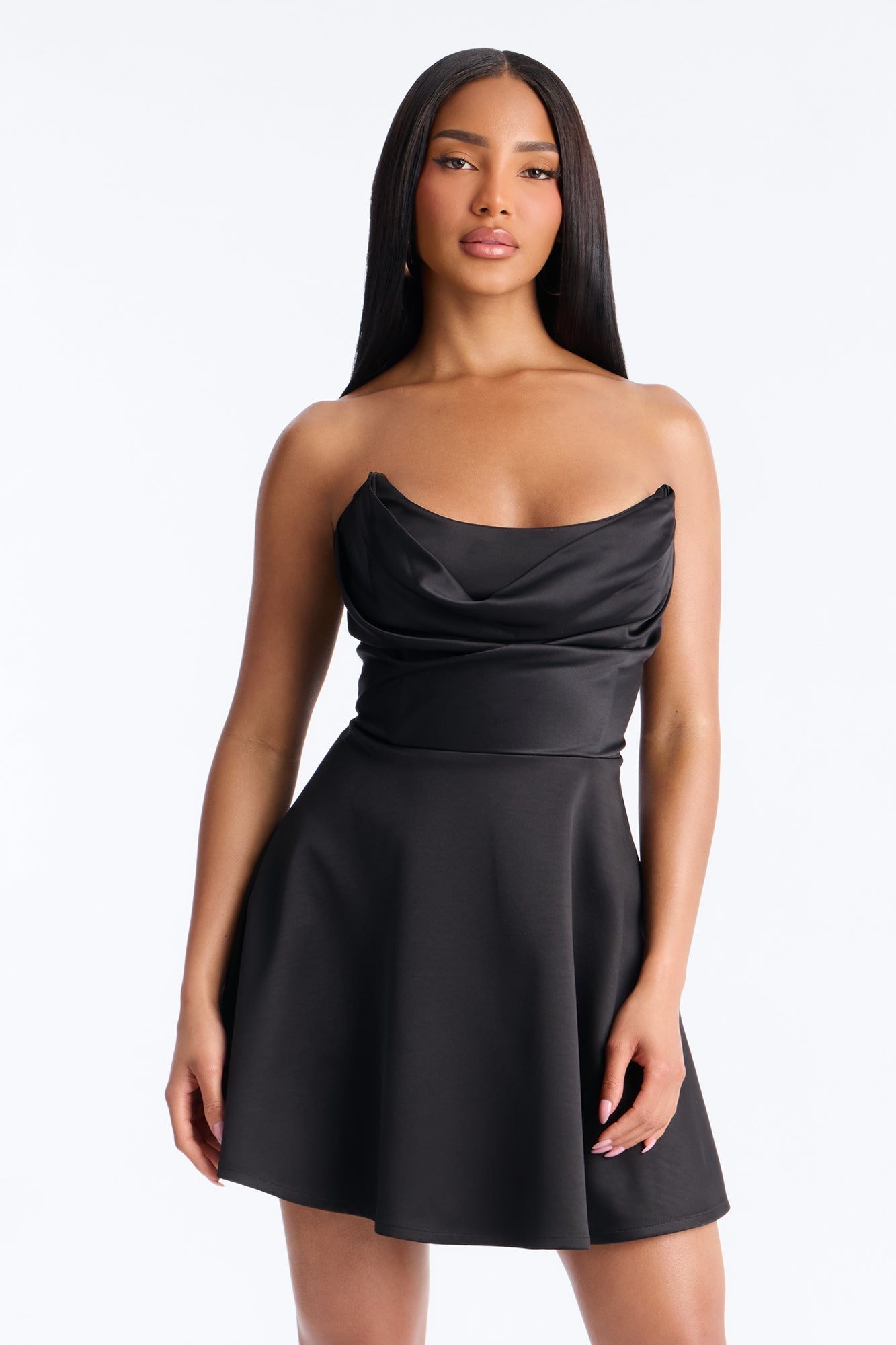 Playful Satin Strapless Mini Dress - Black Fashion Nova