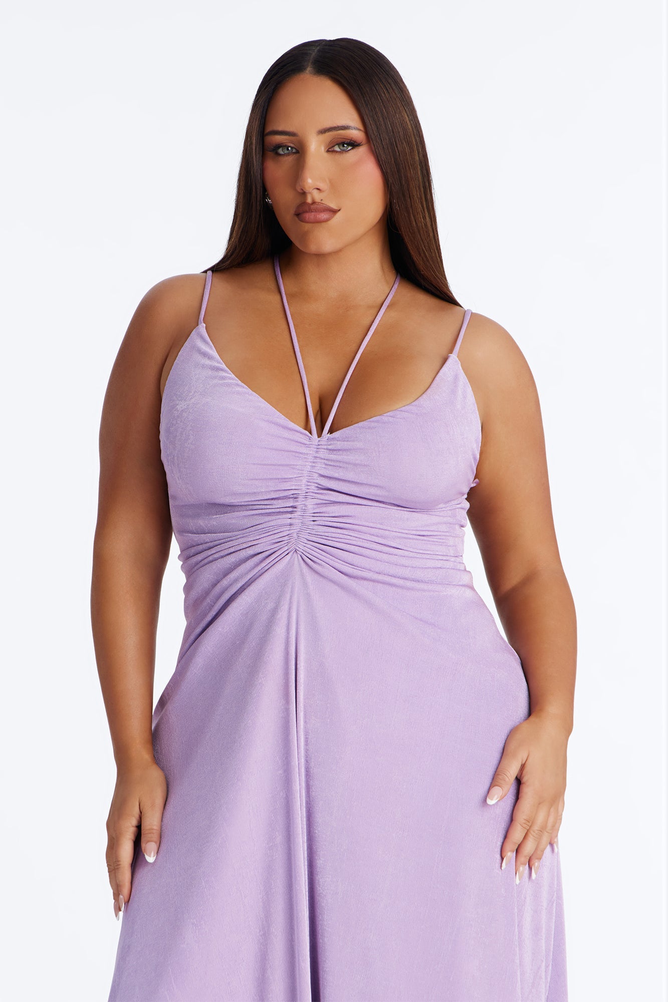 Bobbi Ruched Slinky Maxi Dress - Lavender