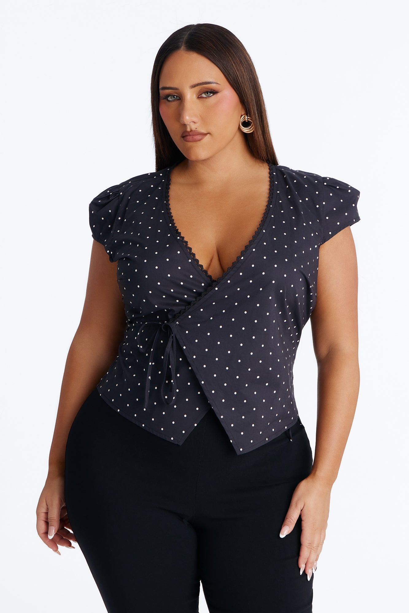 Adeline Surplice Neck Polka Dot Top - Black/combo Fashion Nova