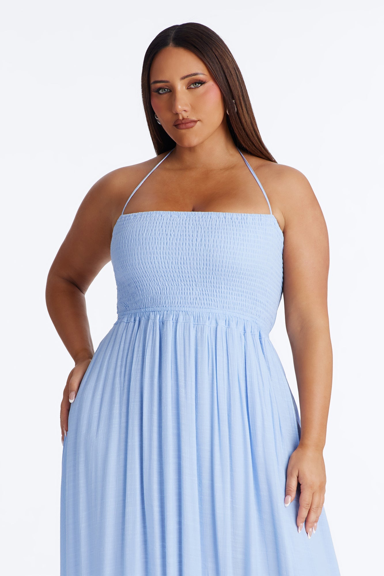 Eden Smocked Linen Maxi Dress - Light Blue