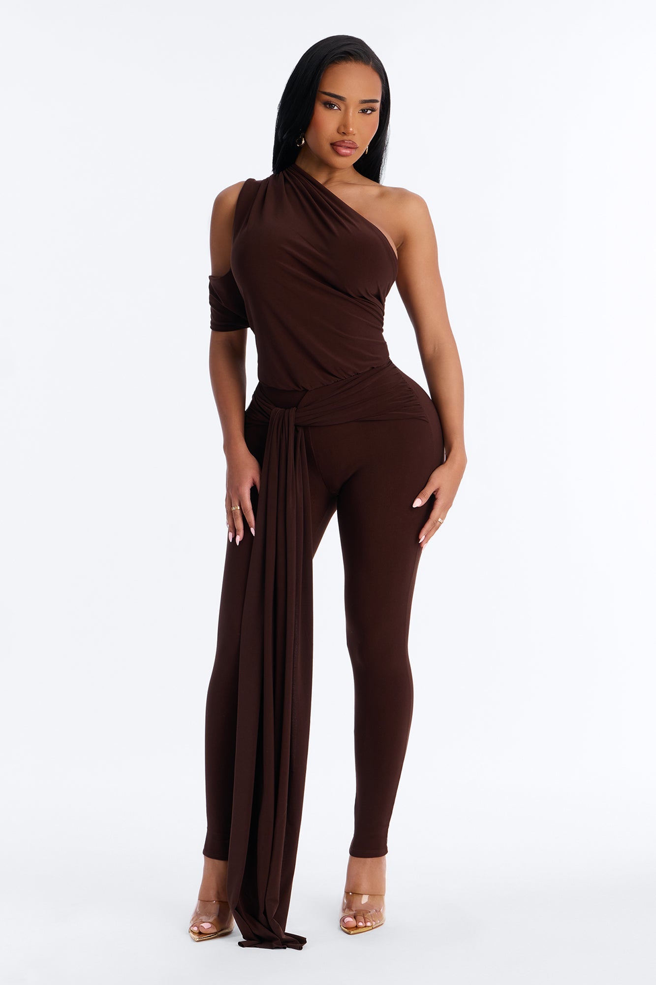 Shana Draped Catsuit - Chocolate Fashion Nova