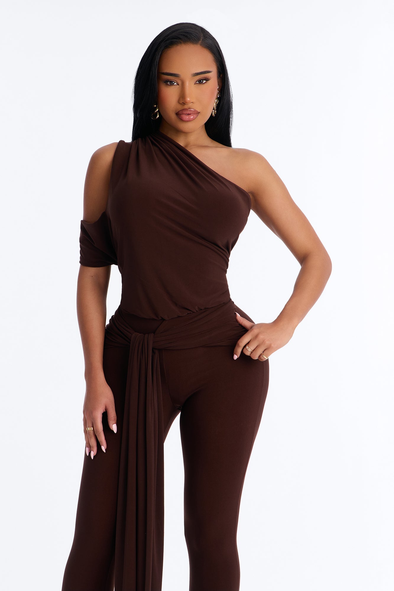 Shana Draped Catsuit - Chocolate Fashion Nova