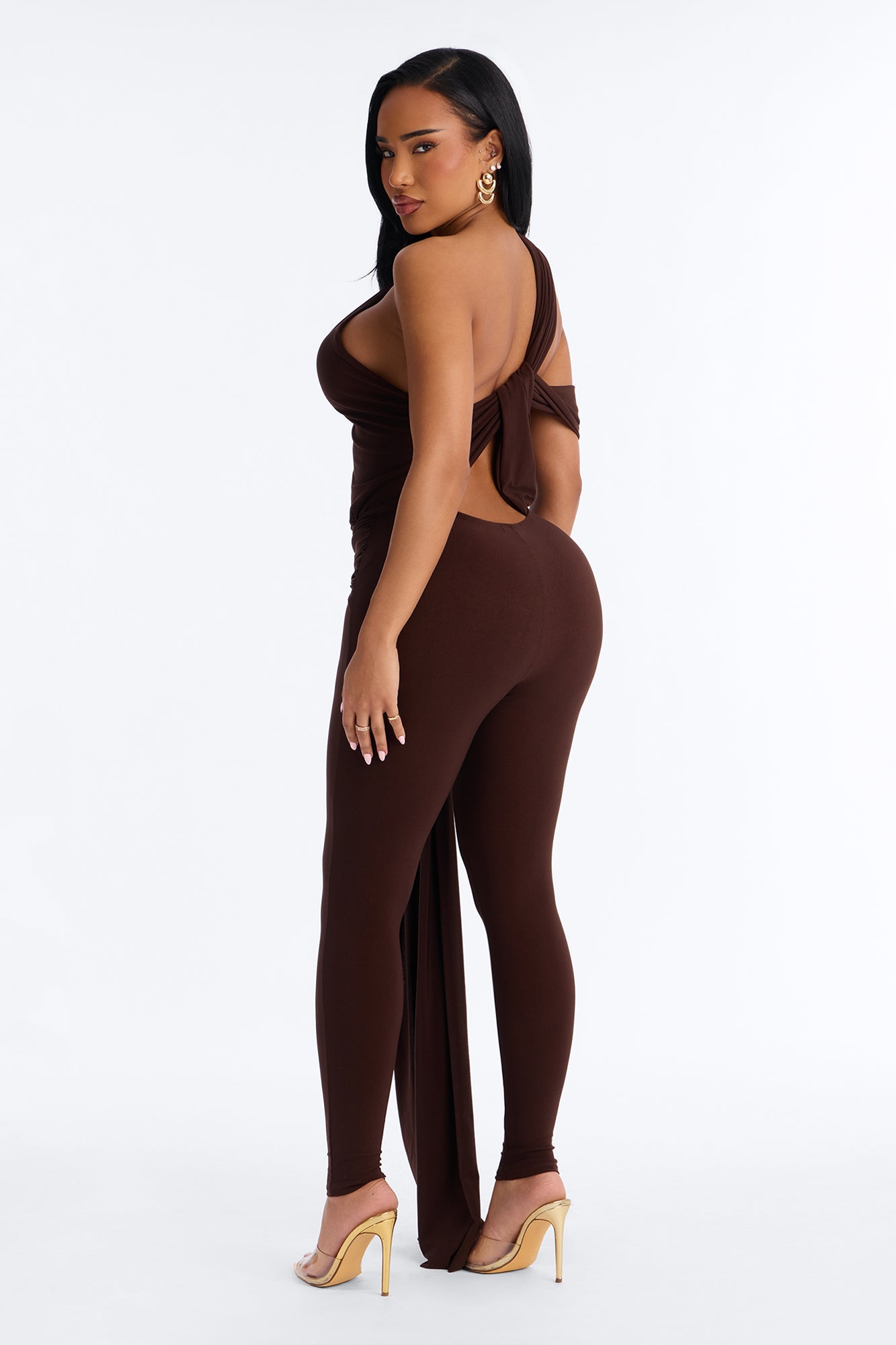 Shana Draped Catsuit - Chocolate Fashion Nova