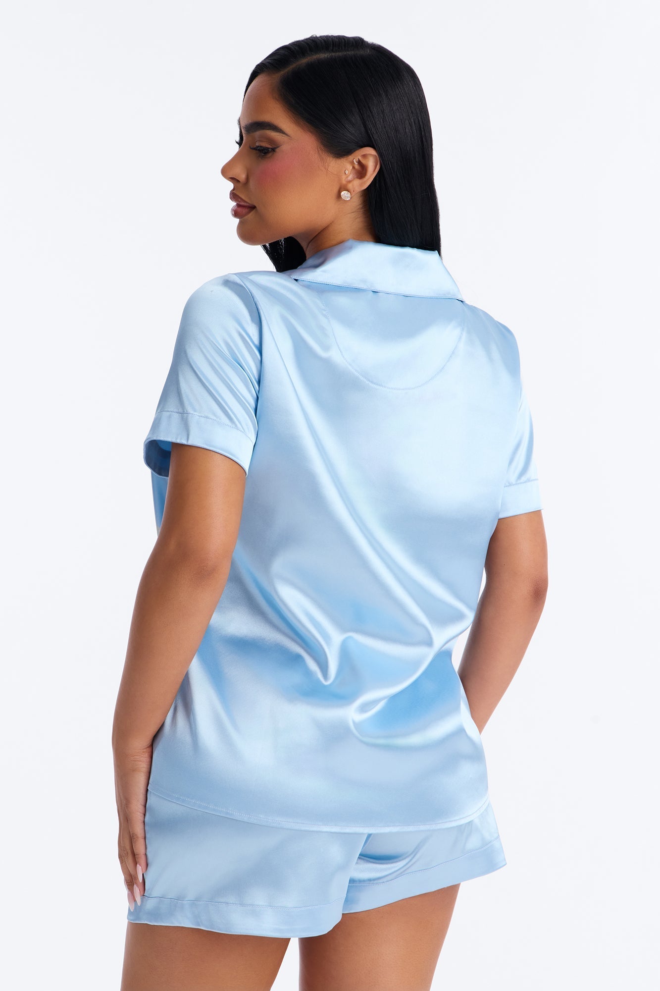 Pillow Fight Stretch Satin PJ Short Set - Light Blue Fashion Nova