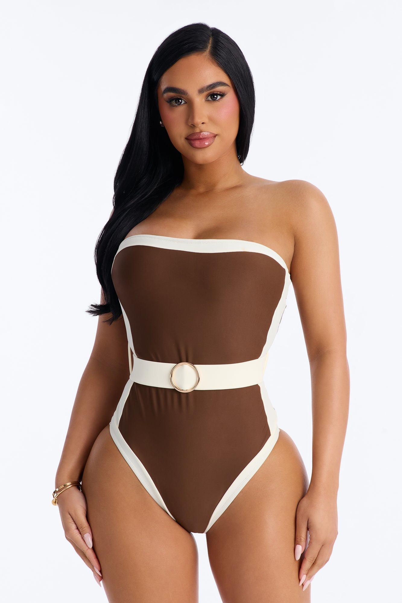 Sunny Days Colorblock Hardware Strapless 1 Piece Swimsuit - Brown/combo Fashion Nova
