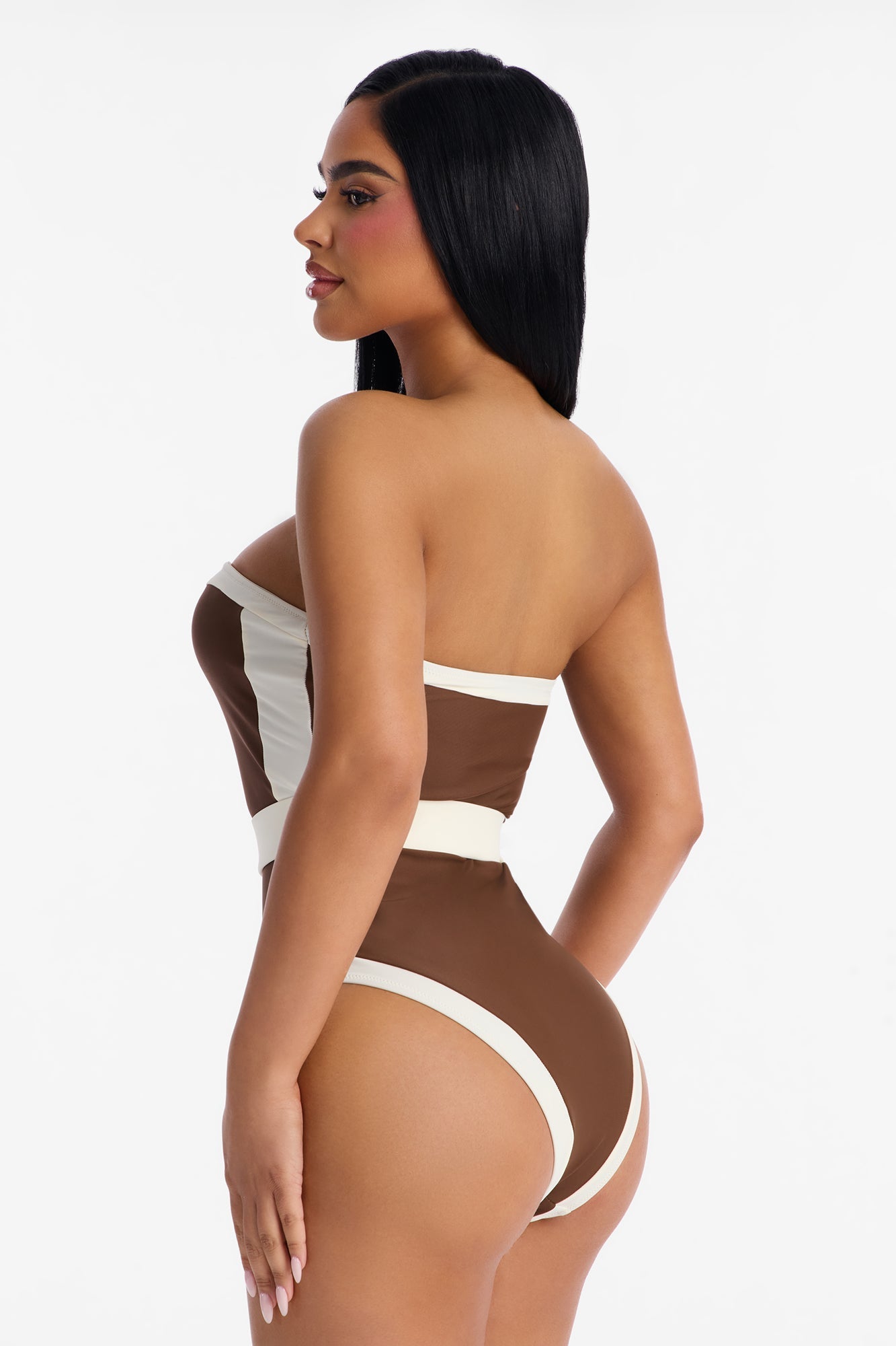 Sunny Days Colorblock Hardware Strapless 1 Piece Swimsuit - Brown/combo Fashion Nova