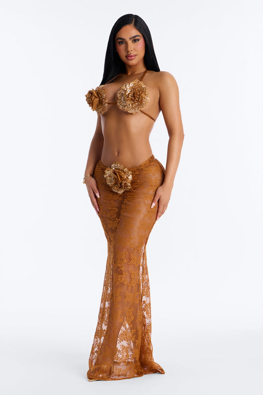 Flower Fever Sequin Applique 3 Piece Bikini Skirt Set - Brown