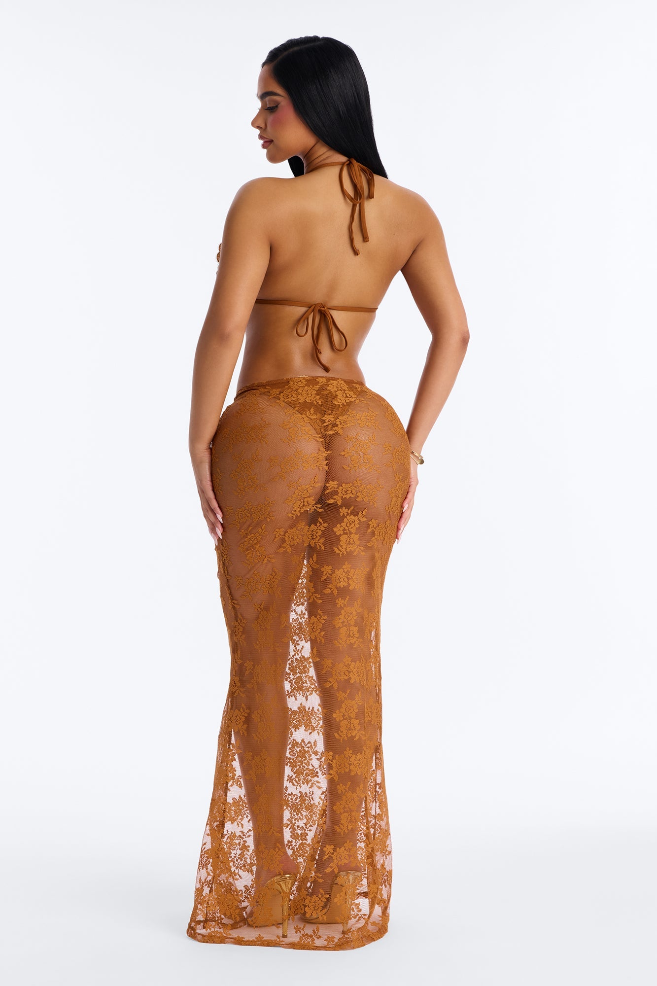 Flower Fever Sequin Applique 3 Piece Bikini Skirt Set - Brown