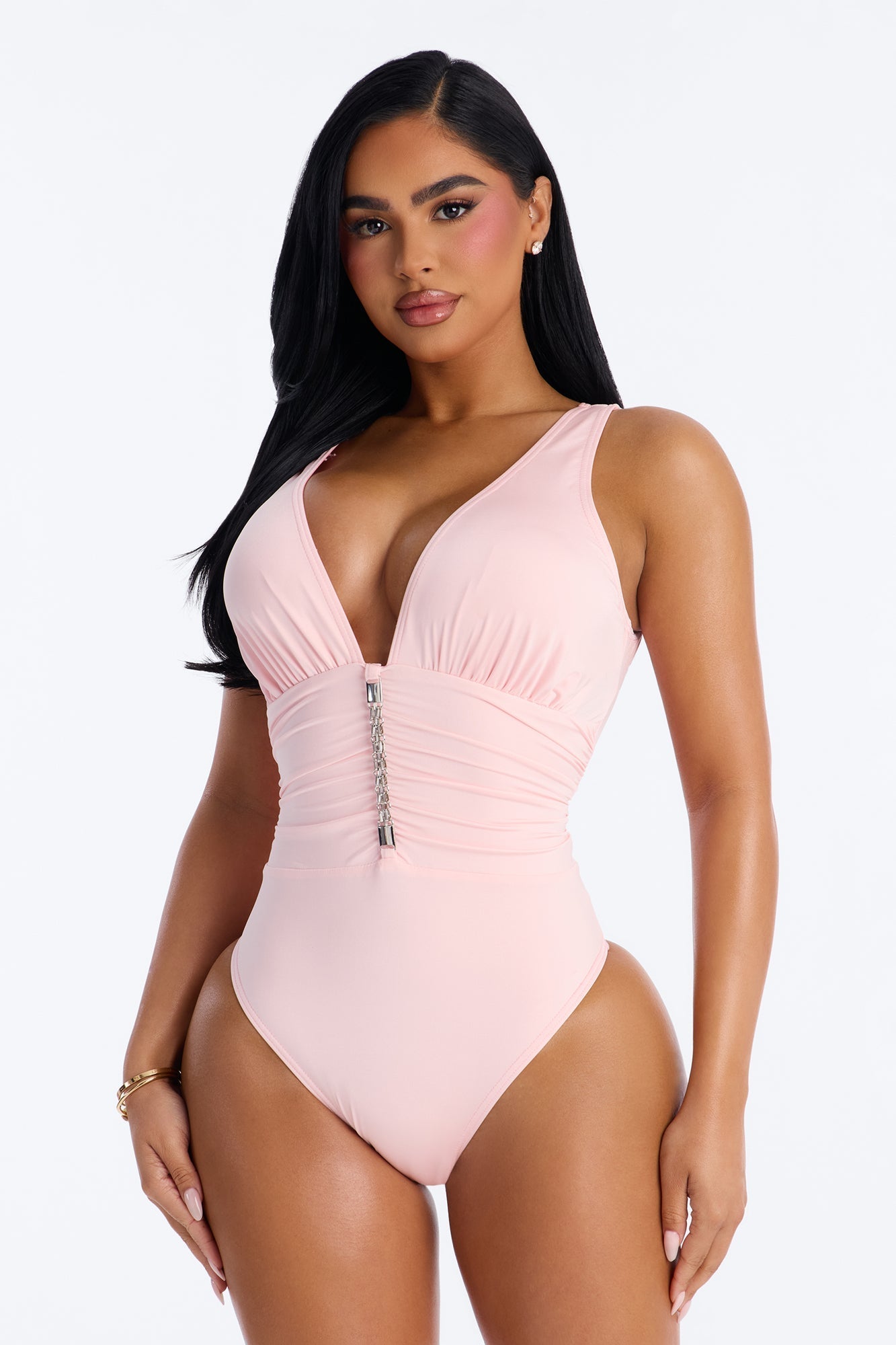 Shore Walks Ruching Hardware 1 Piece Swimsuit - Light Pink Fashion Nova