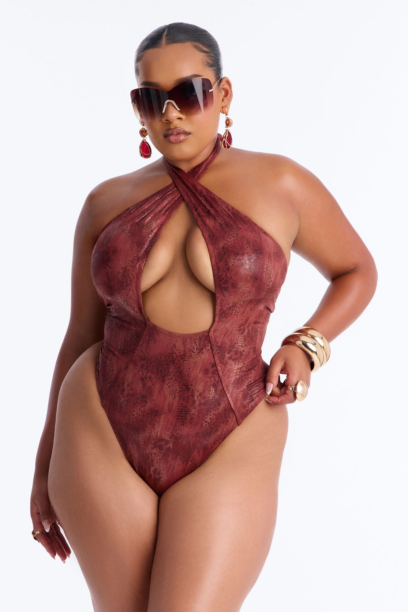 Keep Me Close Halter Neck 1 Piece Swimsuit - Brown/combo Fashion Nova