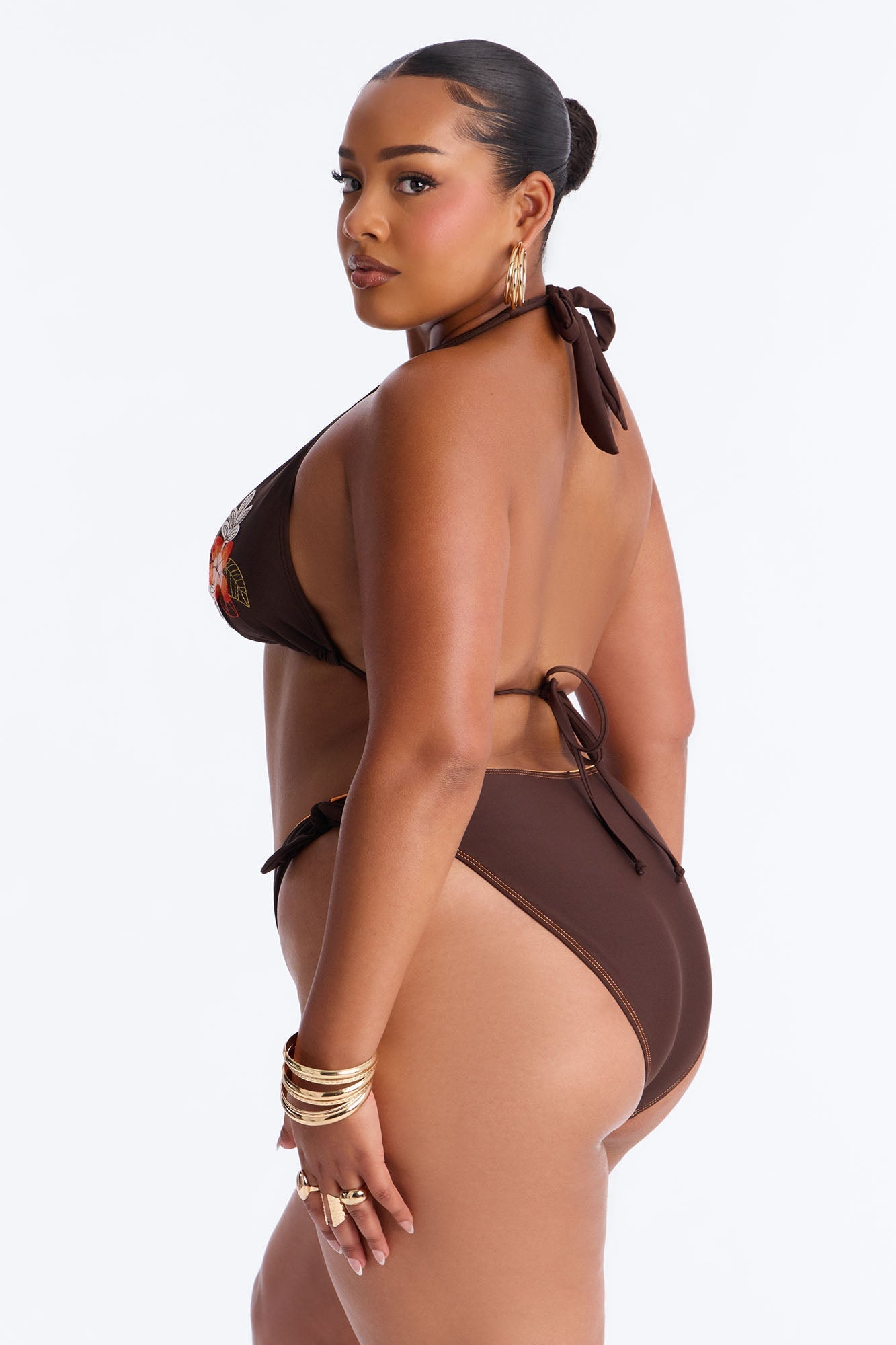 Danielle Knot Embroidered Floral Fixed Triangle 2 Piece Bikini - Dark Brown Fashion Nova