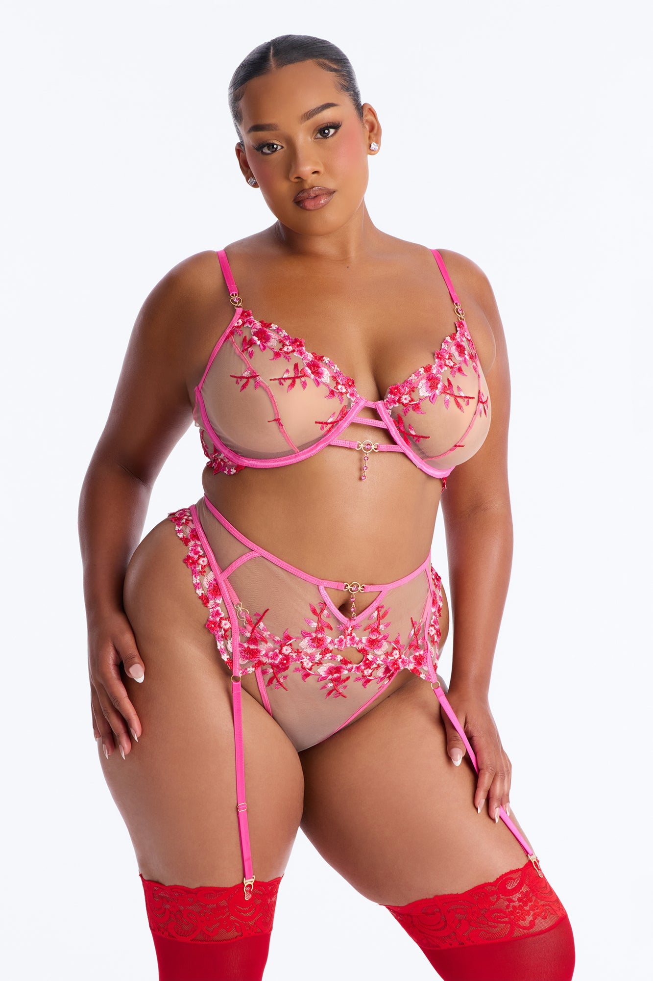 Amara Mesh Embroidered 3 Piece Bra And Panty Garter Set - Fuchsia
