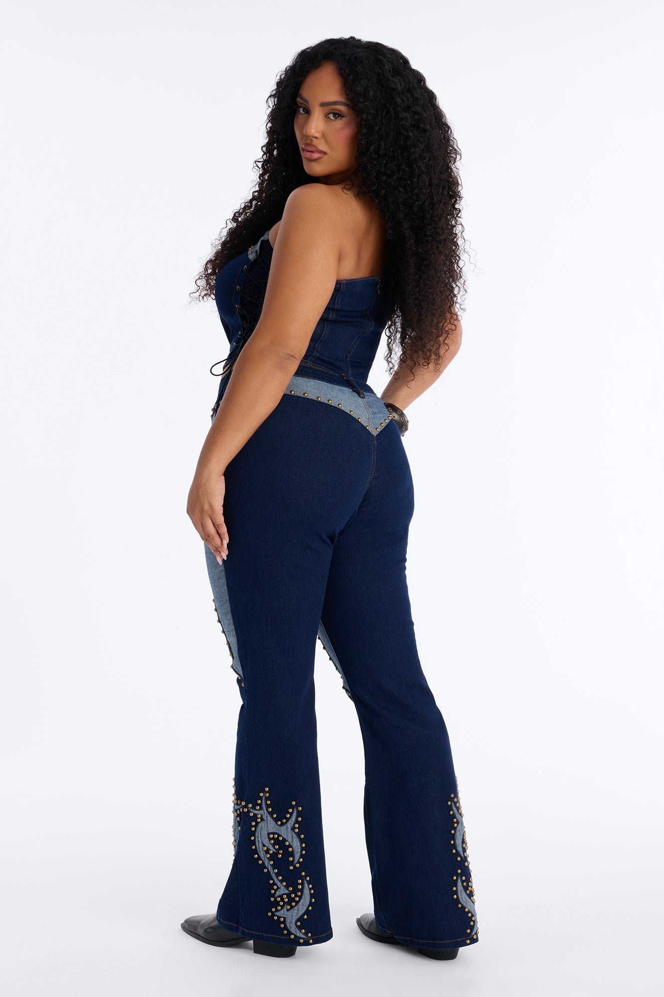 Tianna Denim Corset Flare Pant Set - Dark Denim
