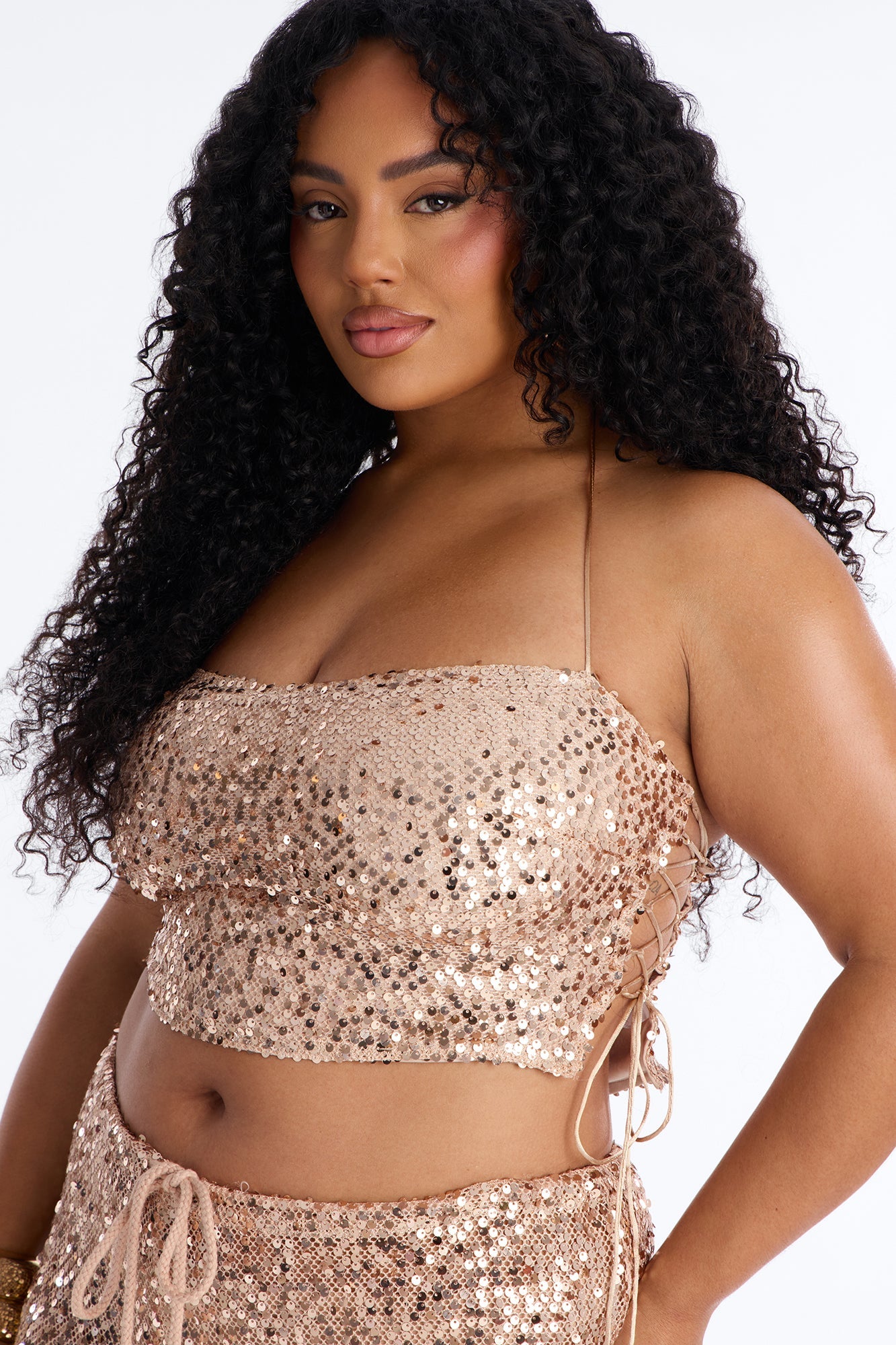 Paige Sequin Crochet Halter Pant Set - Gold