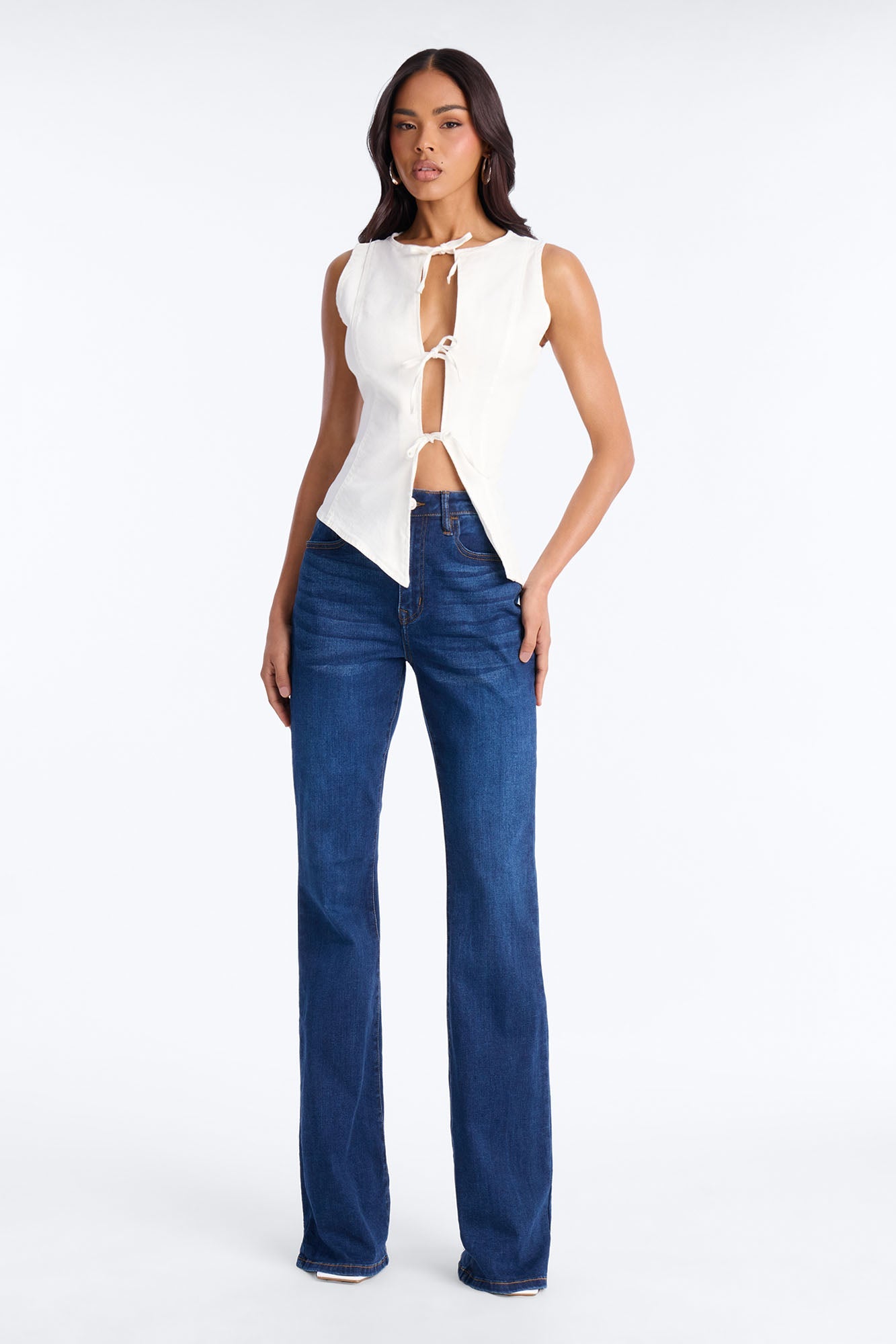 Weekend Glow Strappy Tie Front Denim Top - White