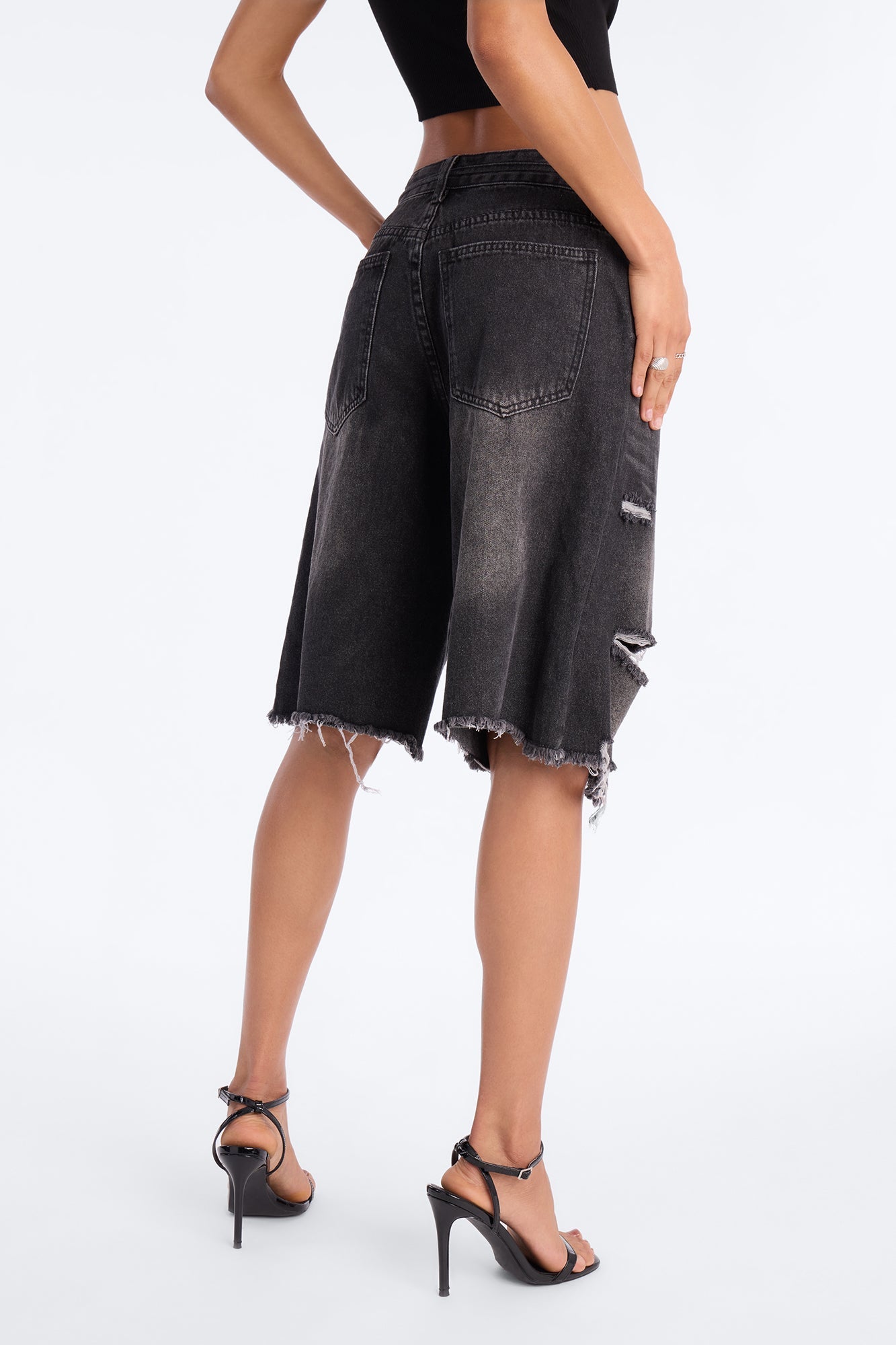 Ludlow Tie Waist Ripped Denim Jorts - Black Wash