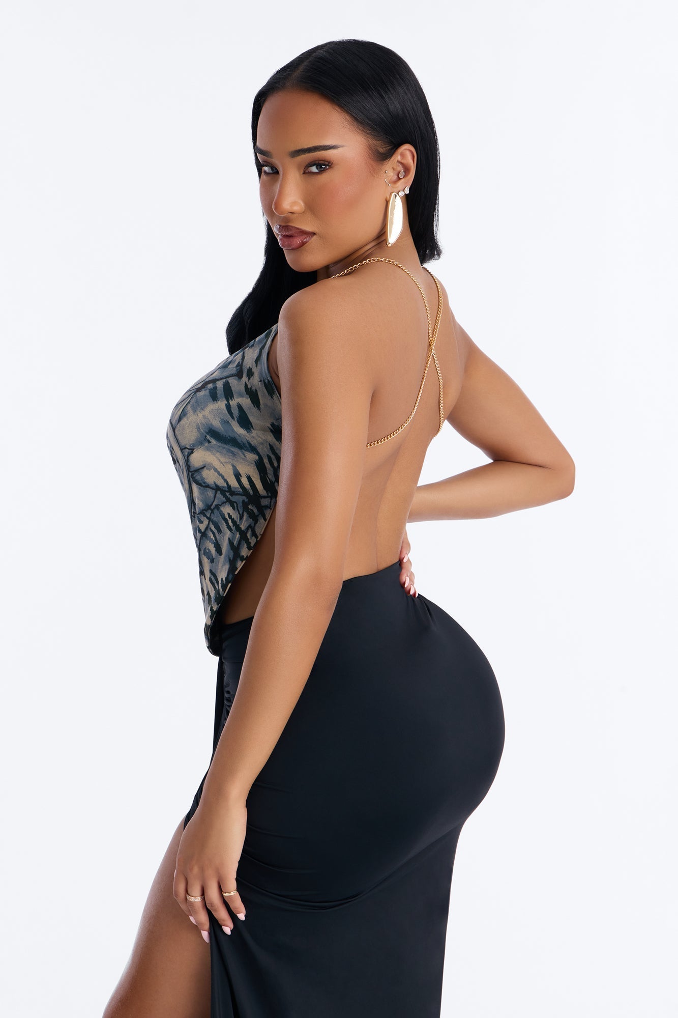 Kali Leopard Cowl Neck Chain Halter Top - Blue/combo Fashion Nova
