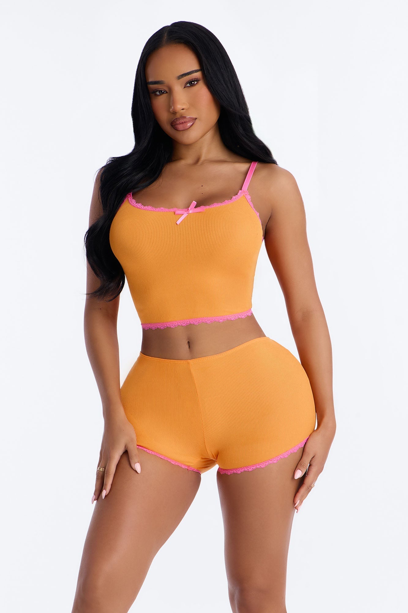 Do Not Disturb Ribbed PJ Short Set - Orange/combo Fashion Nova