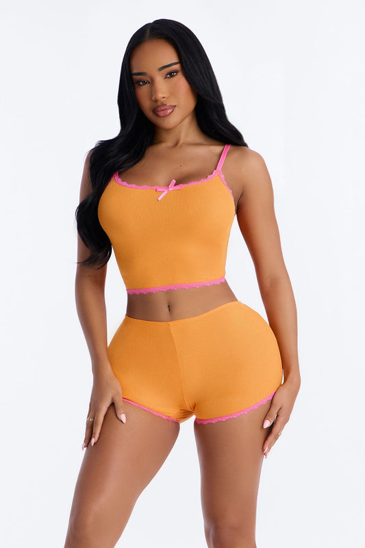Do Not Disturb Ribbed PJ Short Set - Orange/combo Fashion Nova