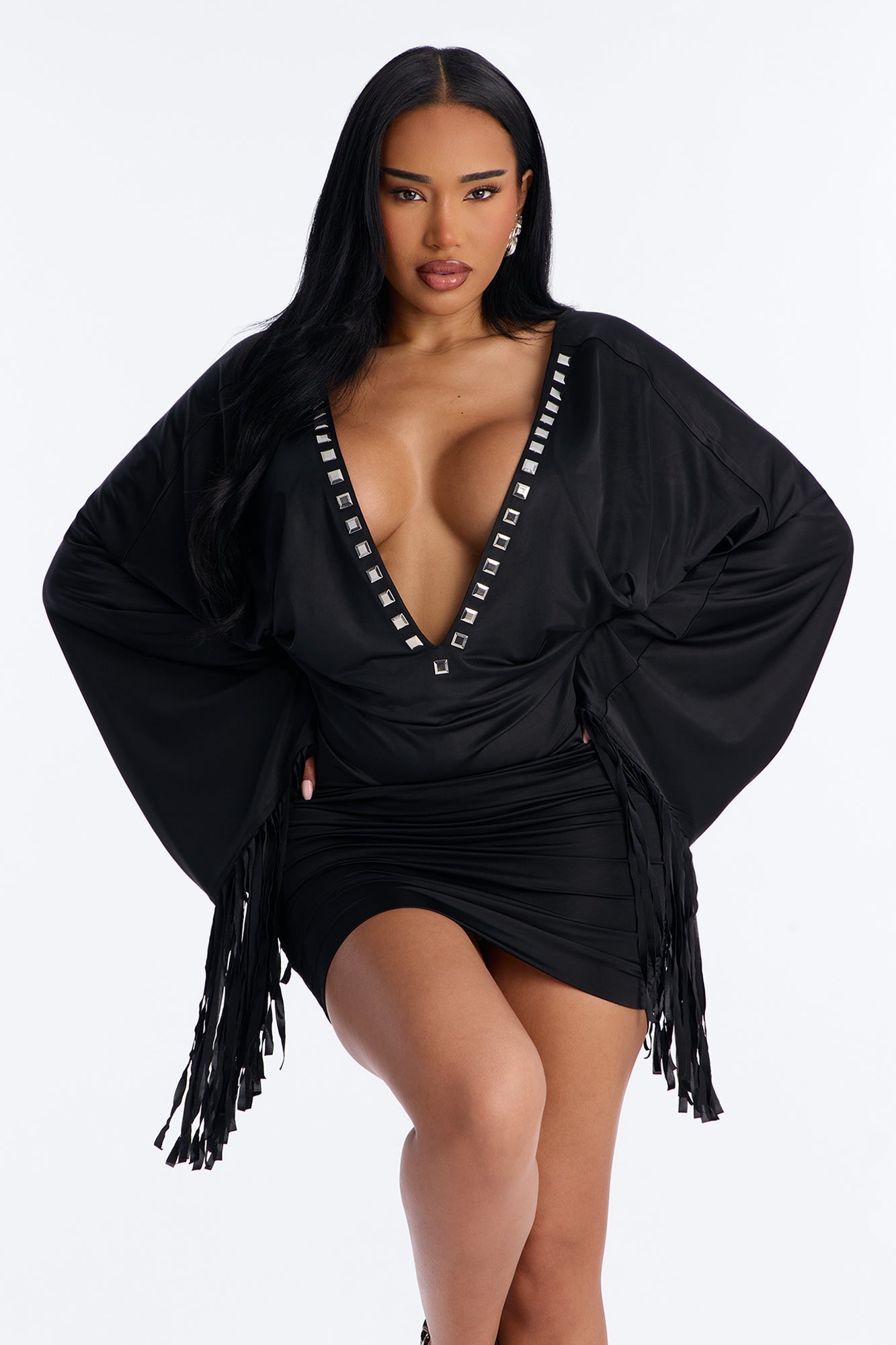 Cleo Studded Fringe Mini Dress - Black Fashion Nova
