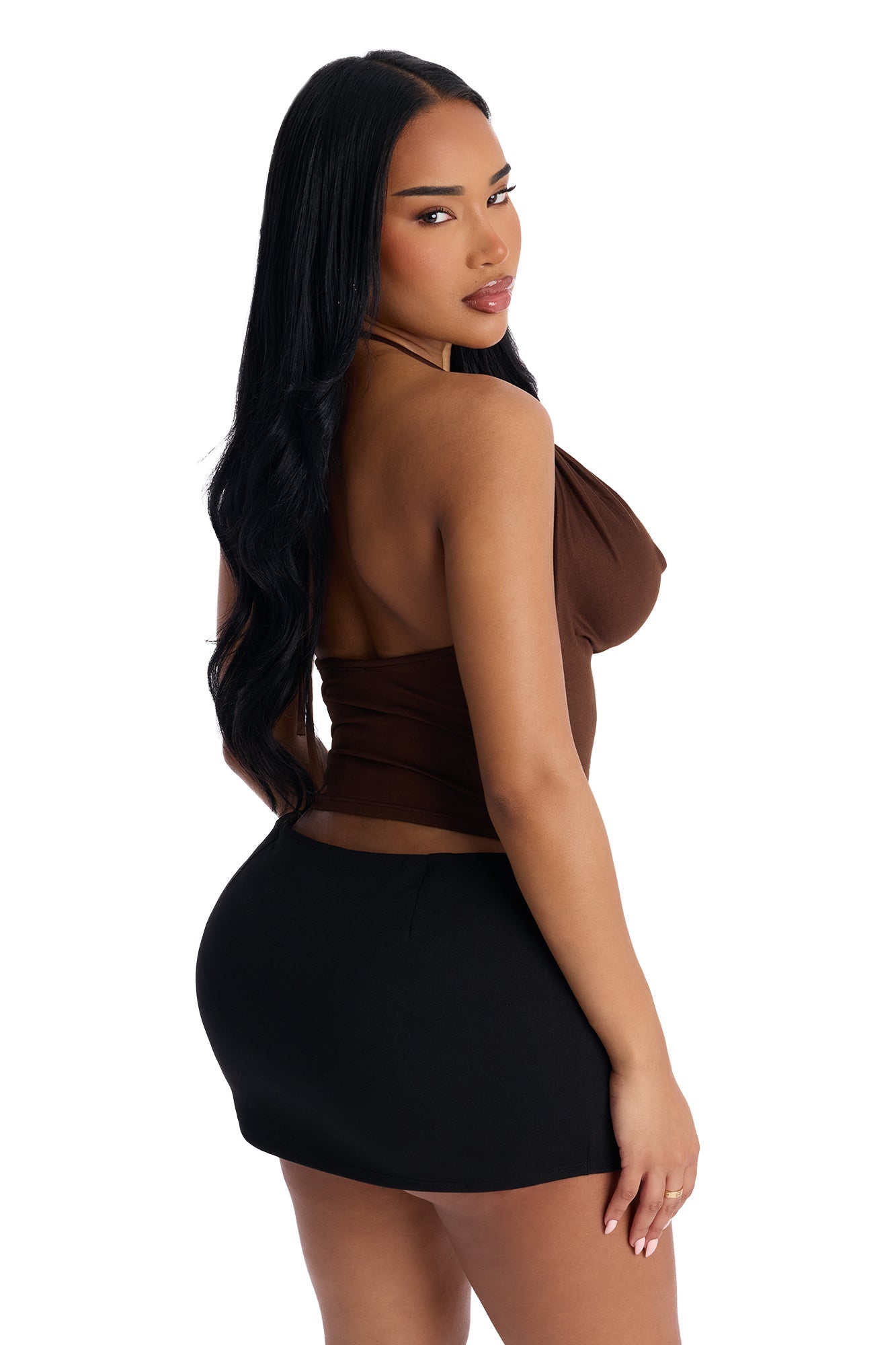 Party All Night Fringe Cowl Neck Halter Top - Chocolate Fashion Nova