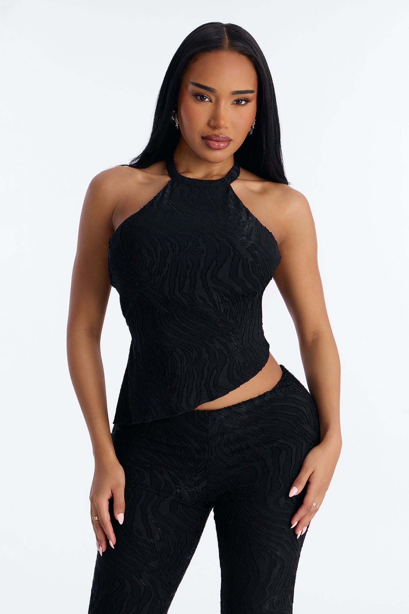 So In Love Textured Halter Flare Pant Set - Black Fashion Nova