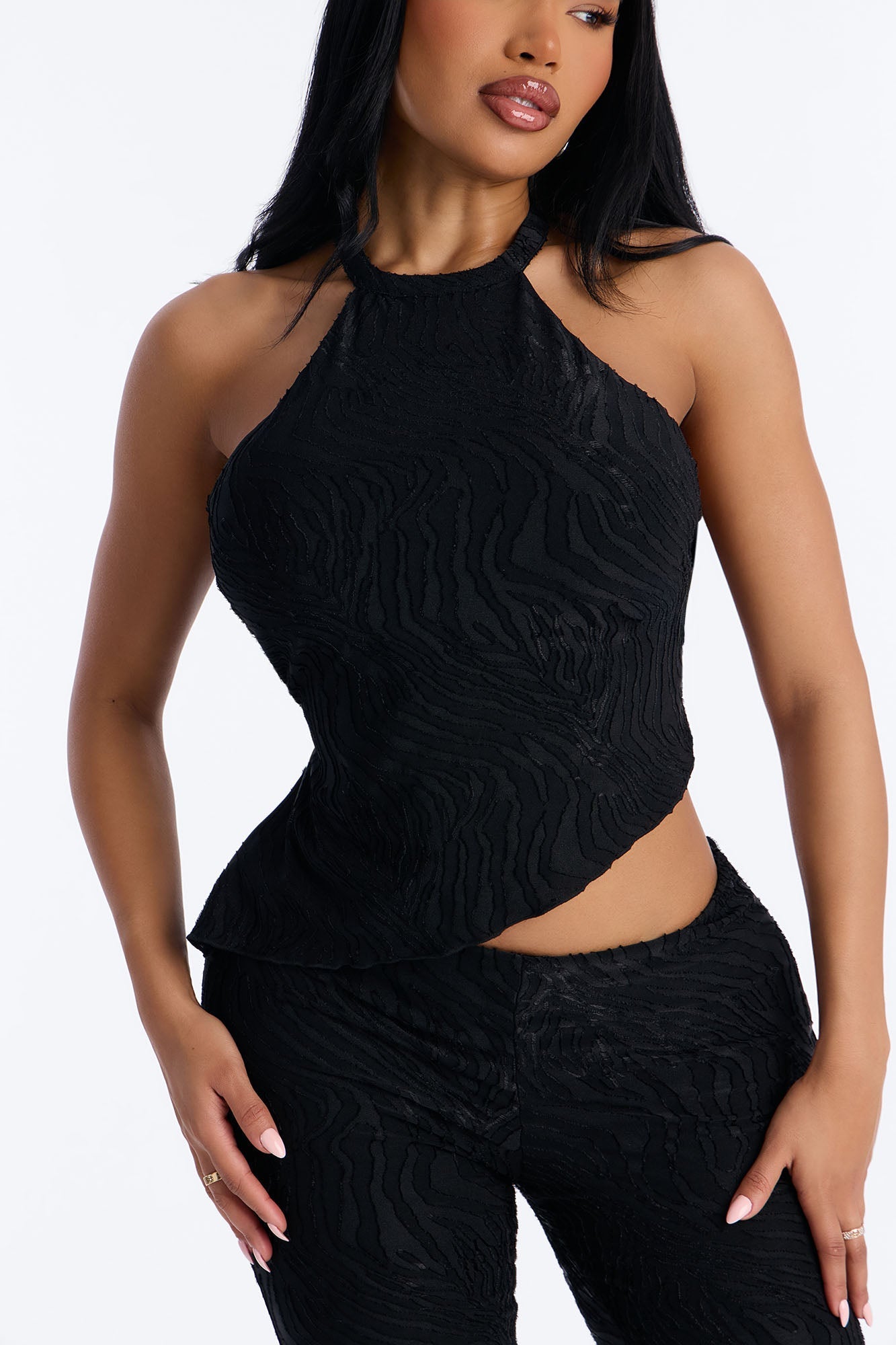 So In Love Textured Halter Flare Pant Set - Black Fashion Nova