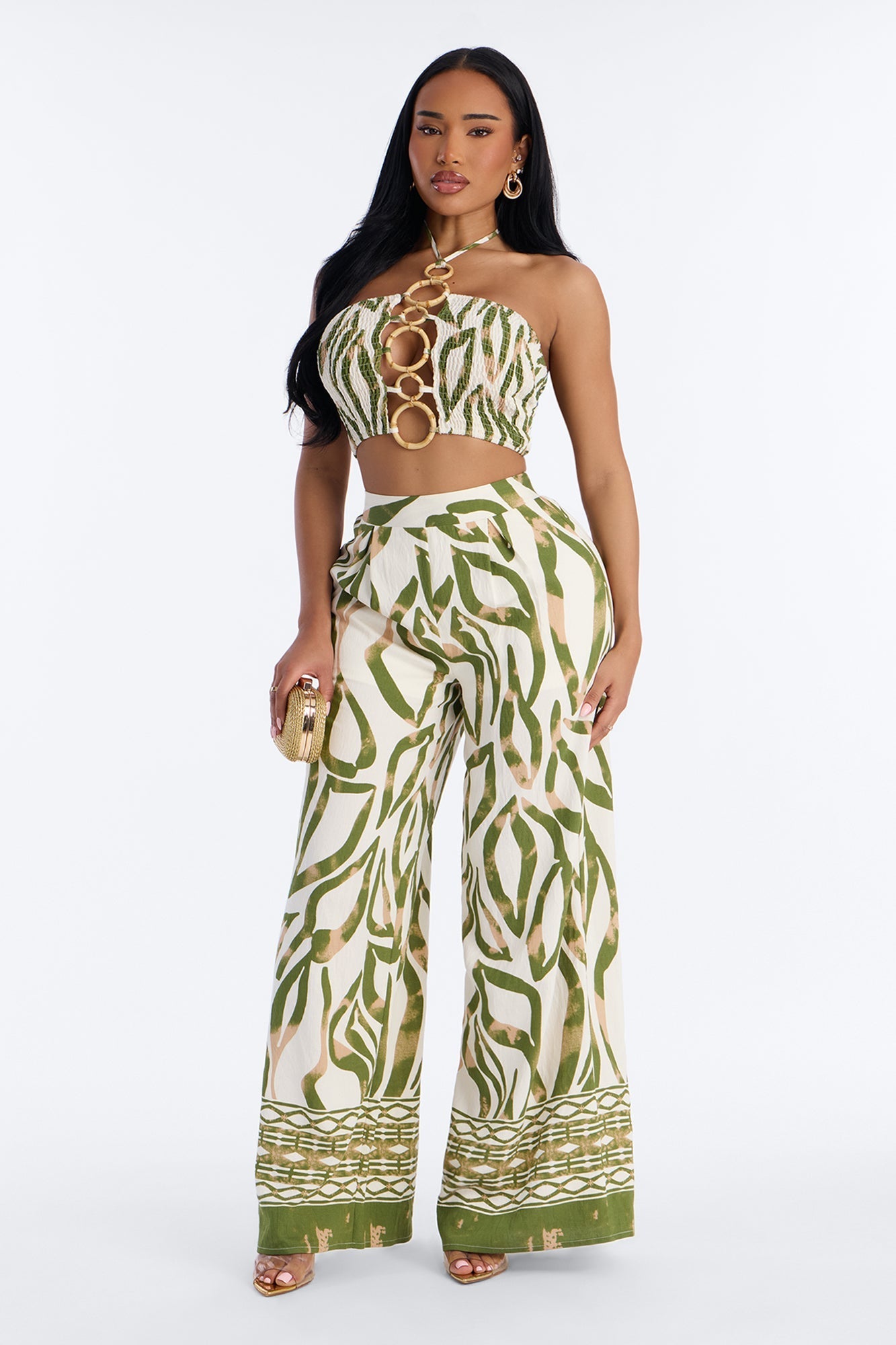 Bali Breeze Halter Pant Set - Olive/combo Fashion Nova