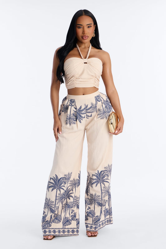 Island Babe Linen Halter Pant Set - Taupe/combo Fashion Nova