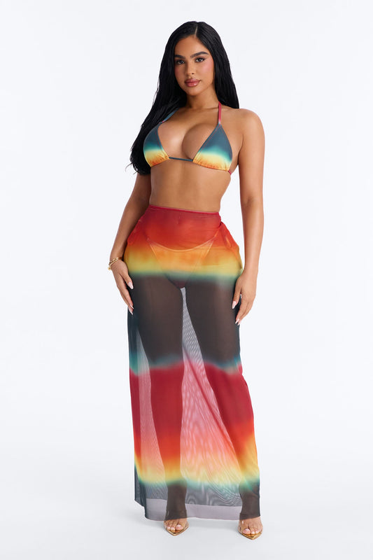 Arianna Ombre Sheer 3 Piece Bikini Skirt Set - Multi Color