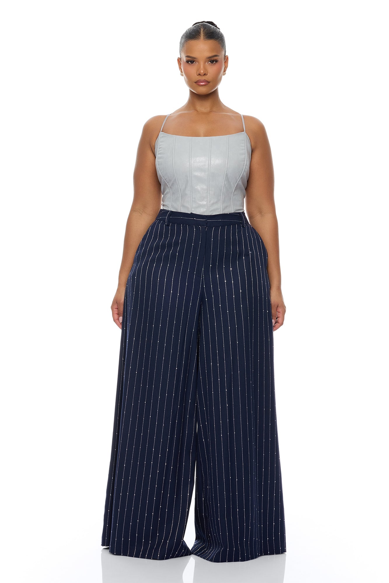 Adyson Embellished Pinstripe Wide Leg Pant - Navy/combo
