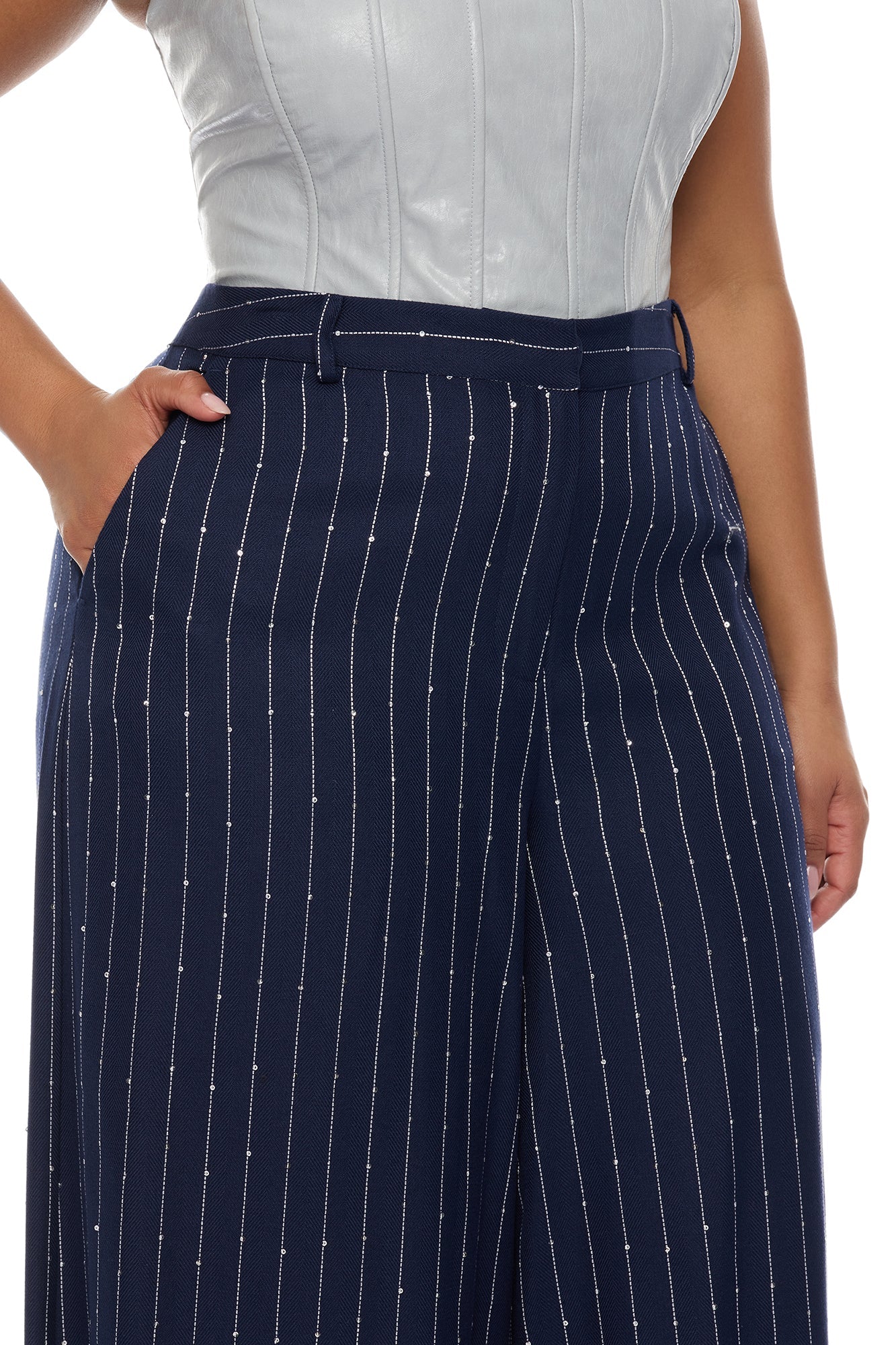 Adyson Embellished Pinstripe Wide Leg Pant - Navy/combo